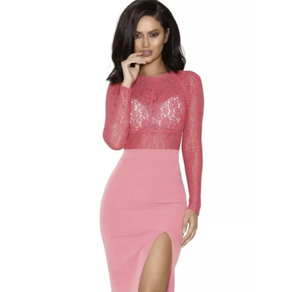 House of CB Pink Metallic Sheer Lace Bodice Bodycon Maxi Dress Size XS Evening - Picture 2 of 8